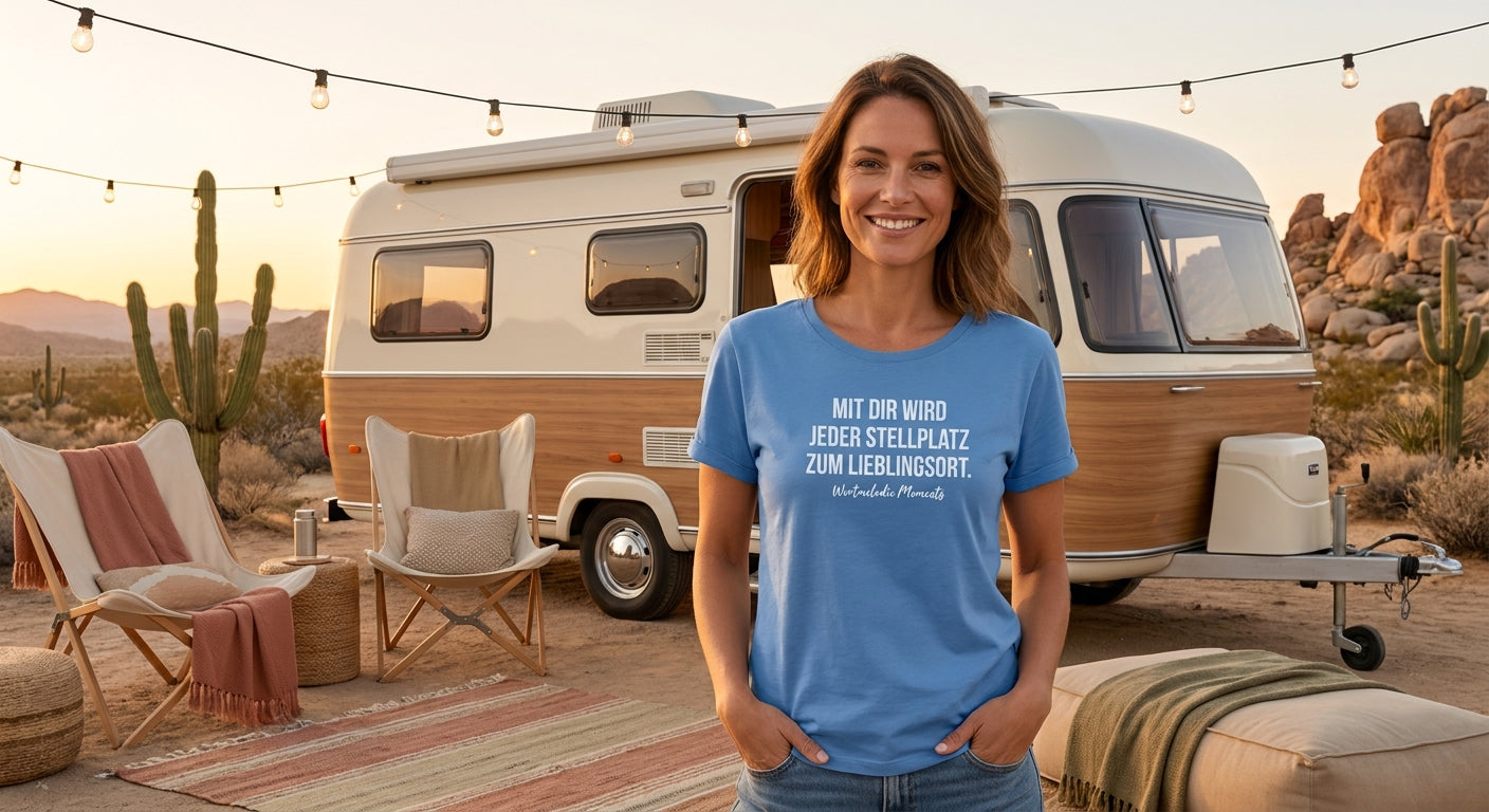 Moderne Frau im Camping t-shirt Damen T-Shirt Mit dir wird jeder Stellplatz zum Lieblingsort von Wortmelodie Moments