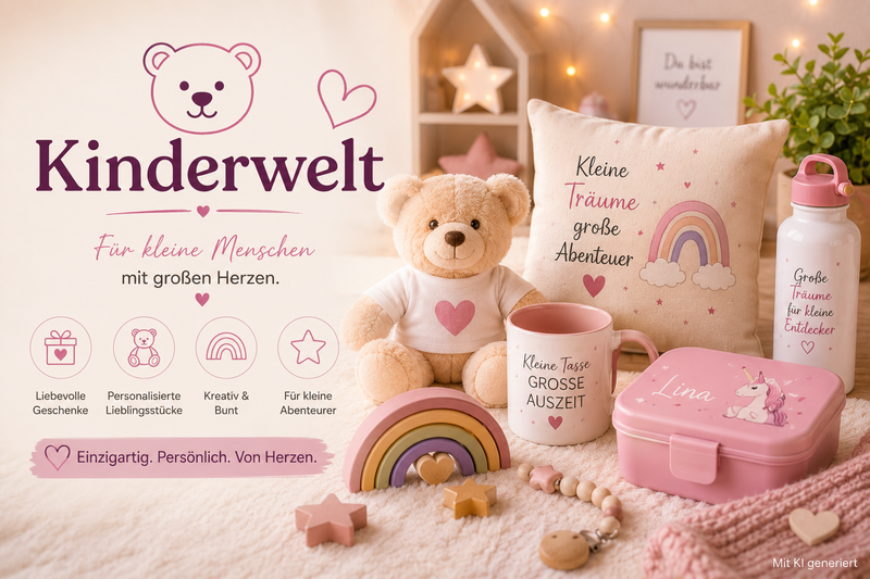 Personalisierte Kinderprodukte mit Kuscheltier, Trinkflasche, Brotdose und Tasse von Wortmelodie Moments.