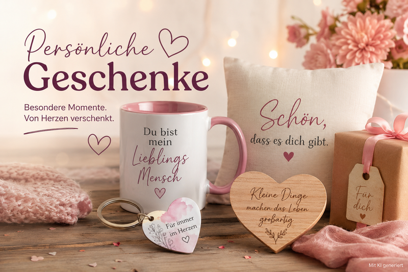 Personalisierte Geschenkideen von Wortmelodie Moments mit Tassen, Kissen, Schlüsselanhängern und liebevollen Accessoires.