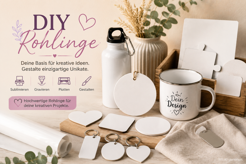 DIY-Rohlinge zum Sublimieren, Gravieren und Personalisieren für kreative Projekte und individuelle Geschenkideen.