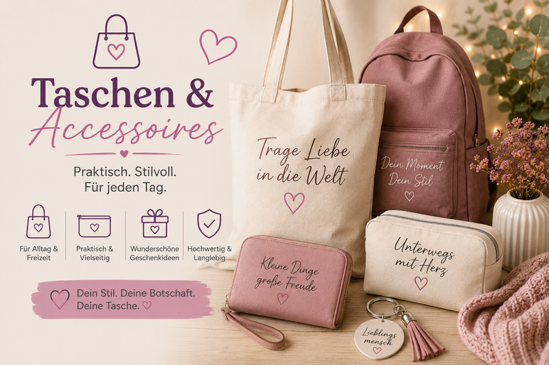 Personalisierte Taschen, Rucksäcke, Kosmetiktaschen und Accessoires von Wortmelodie Moments für Alltag und Freizeit.