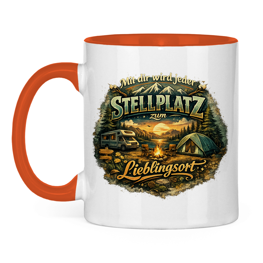 Zweifarbige Tasse mit Camping-Design und Spruch von Wortmelodie Moments