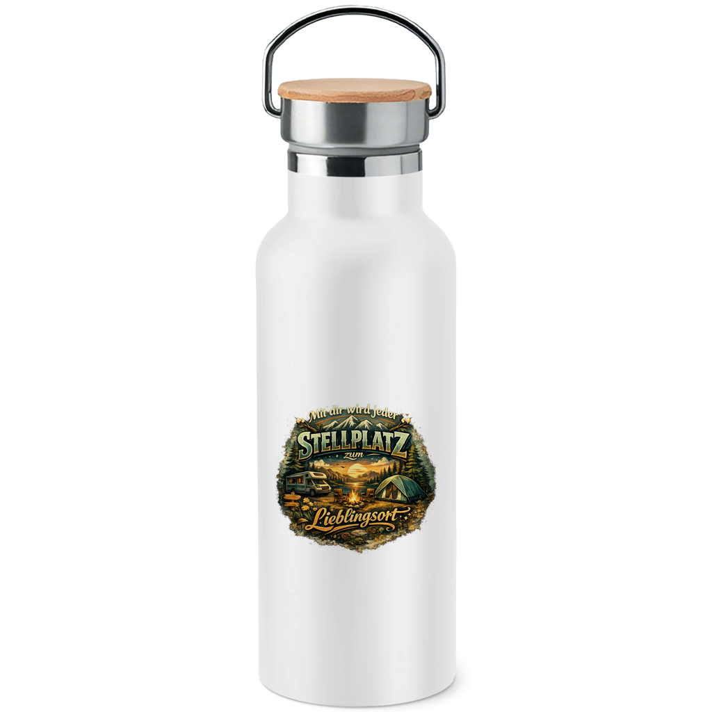 Edelstahl-Trinkflasche mit Bambusdeckel Mit dir wird jeder Stellplatz zum Lieblingsort
