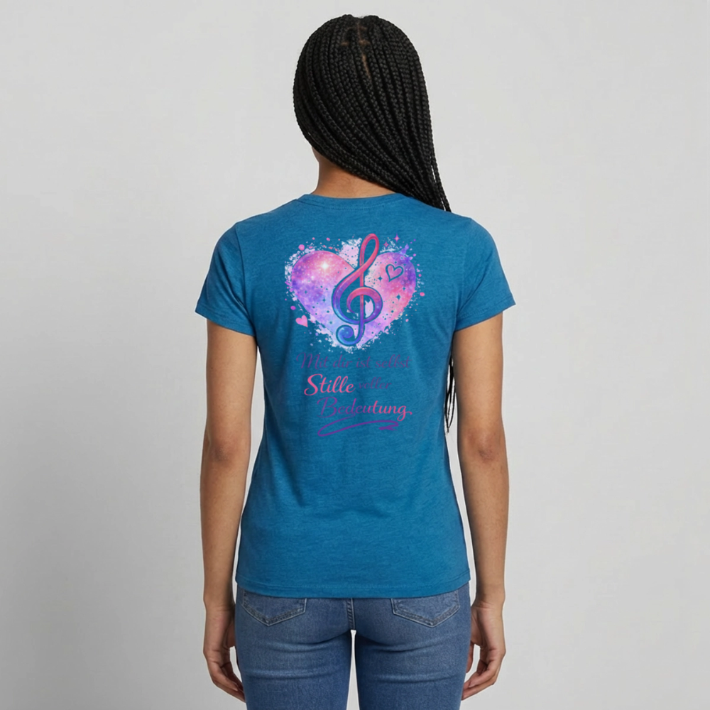 Damen T-Shirt Baumwolle – bequemes Basic Shirt für Alltag & Freizeit | leicht figurbetont | Wortmelodie Moments - Antikblaues Saphir meliert