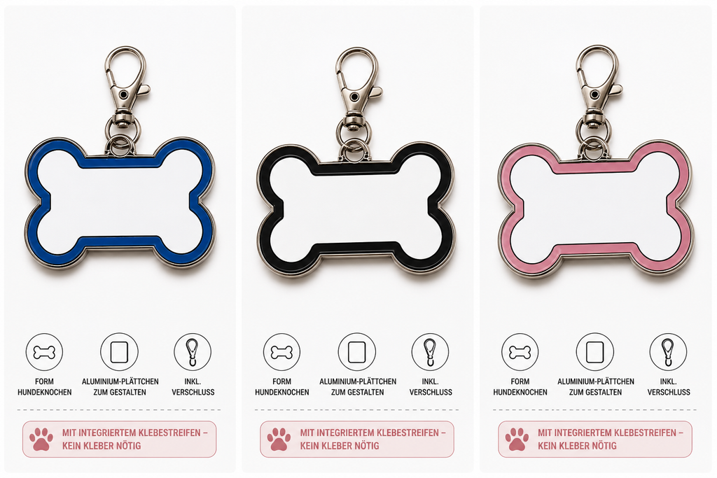 DIY Hundeanhänger aus Metall zum Sublimieren und Personalisieren in verschiedenen Farben und Formen von Wortmelodie Moments. Verschiedene Farben