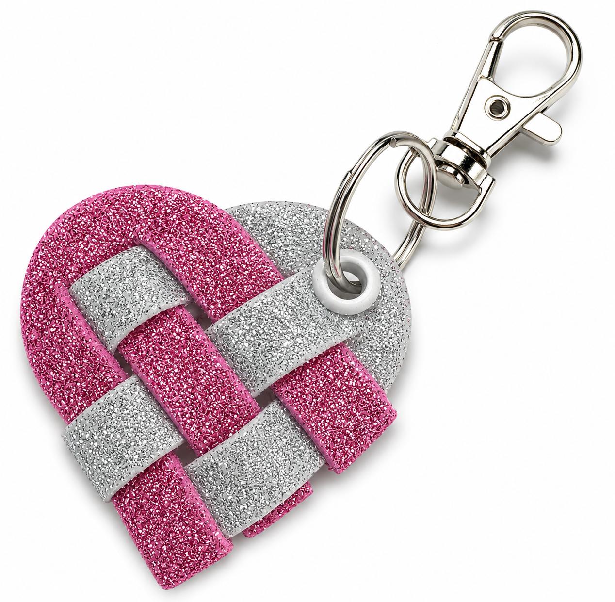 Handgefertigter Herz-Schlüsselanhänger aus Moosgummi mit Glitzer. Jedes Stück ein Unikat. Ca. 5,2 × 6 cm, mit Karabiner & Schlüsselring. Bubblegum Pink