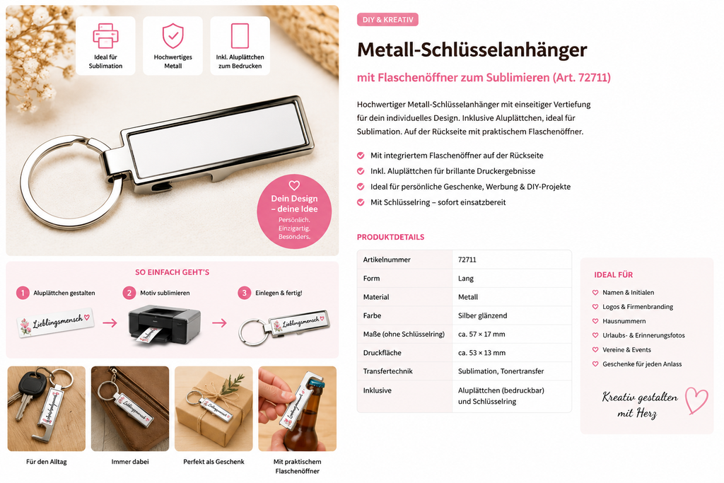 Personalisierter Metall-Schlüsselanhänger mit Flaschenöffner und individuellem Design von Wortmelodie Moments.